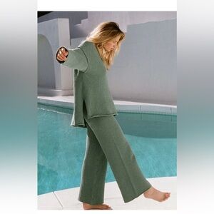 Free People Beach Hailee Sweater Set Henley / Wide Leg Pant Sz L Cedar Fog